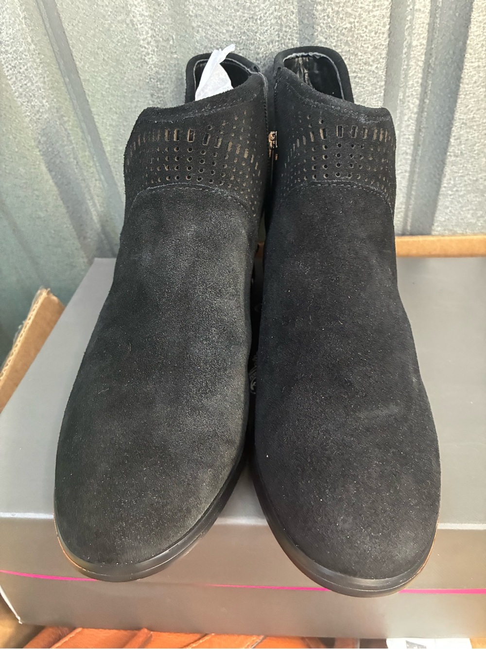 Vince Camuto Black Suede Perforated Cuff Ankle Booties